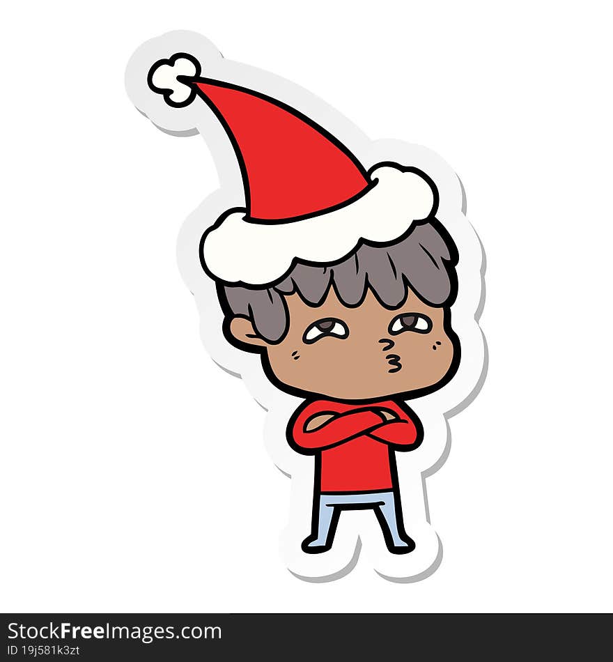 sticker cartoon of a curious man wearing santa hat