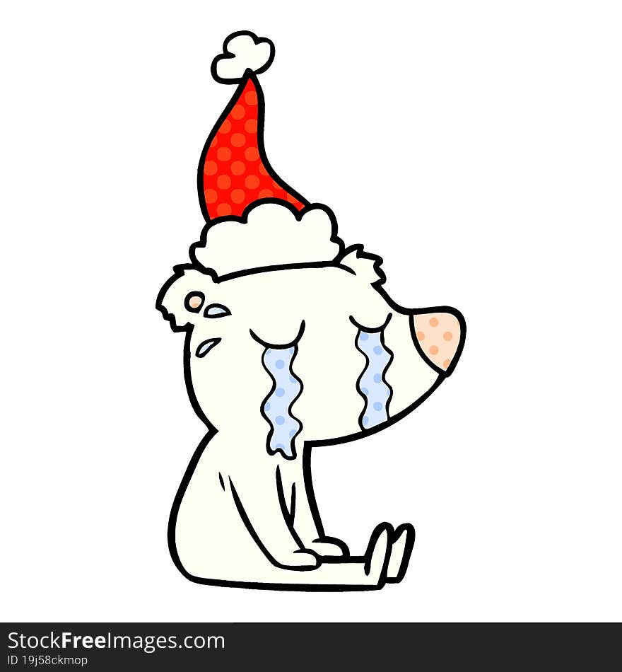 Comic Book Style Illustration Of A Crying Sitting Polar Bear Wearing Santa Hat