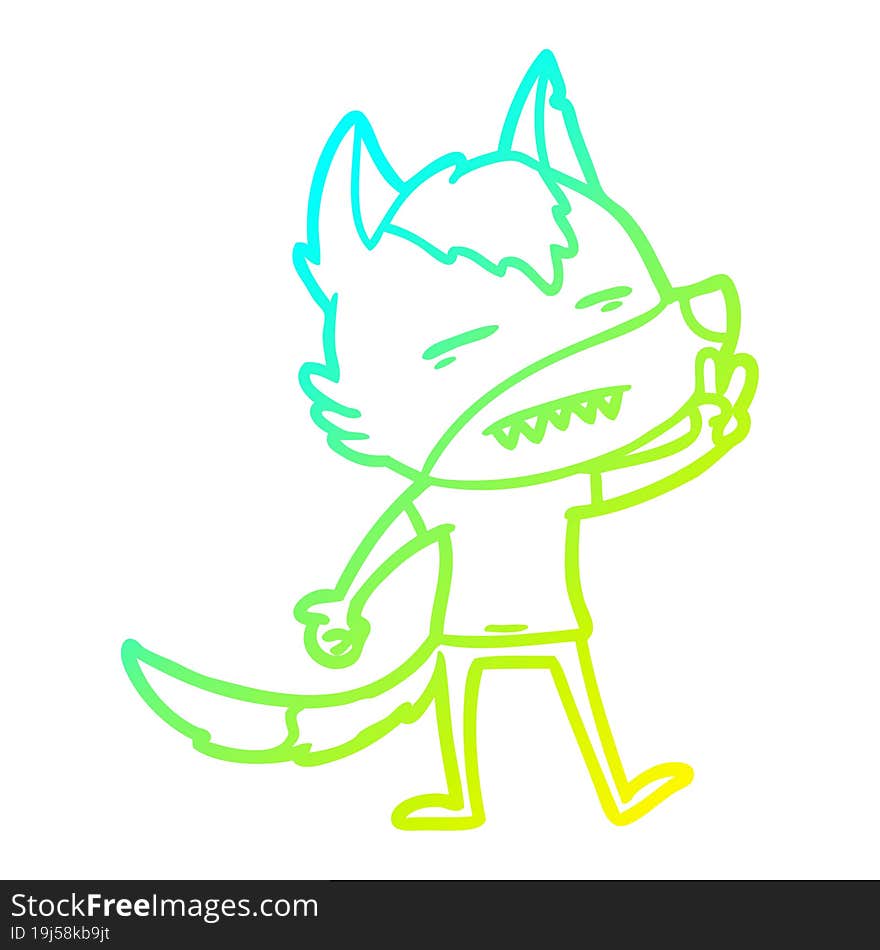 Cold Gradient Line Drawing Cartoon Wolf Showing Teeth