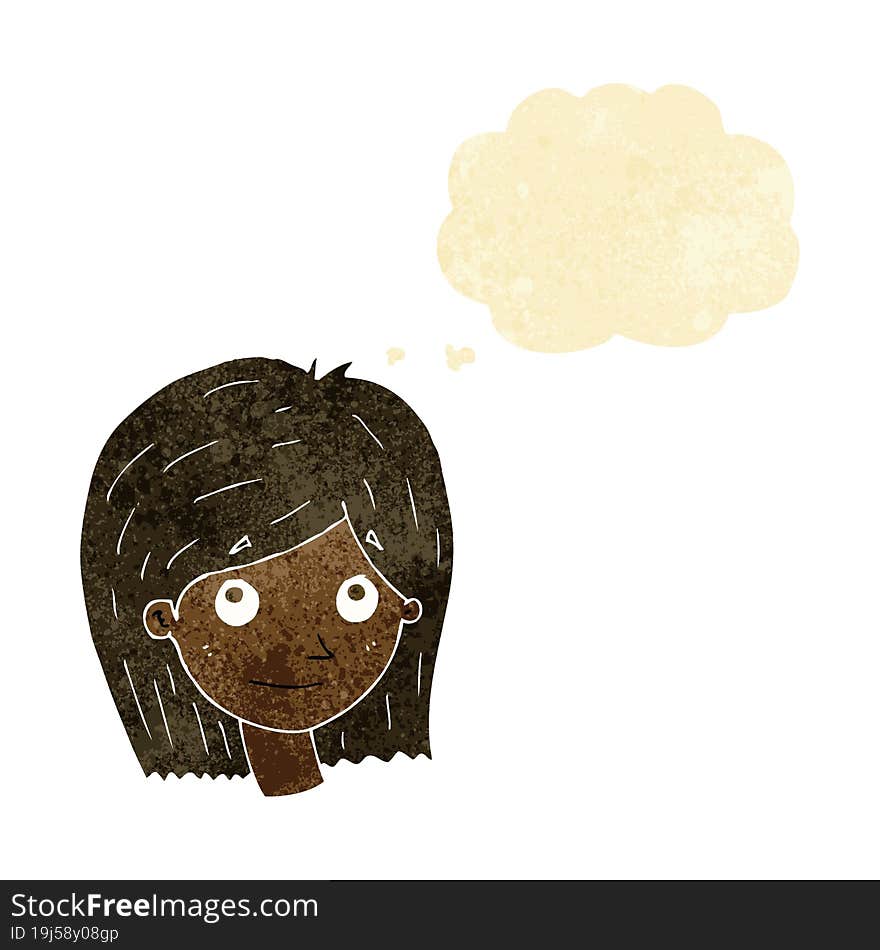 cartoon happy female face with thought bubble