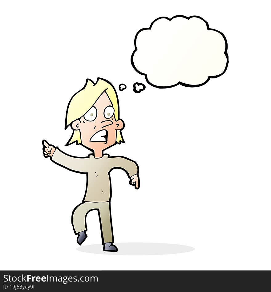 cartoon worried man pointing with thought bubble