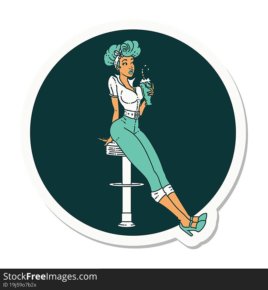 sticker of tattoo in traditional style of a pinup girl drinking a milkshake. sticker of tattoo in traditional style of a pinup girl drinking a milkshake