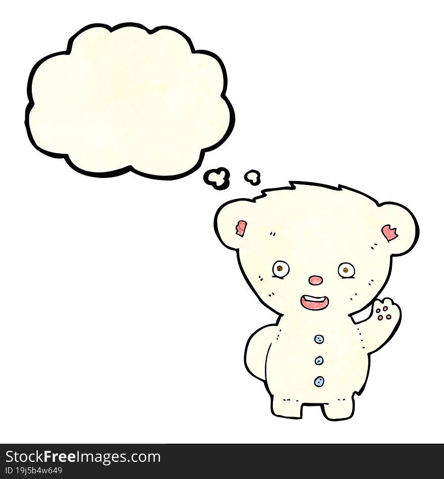 cartoon waving polar bear cub with thought bubble