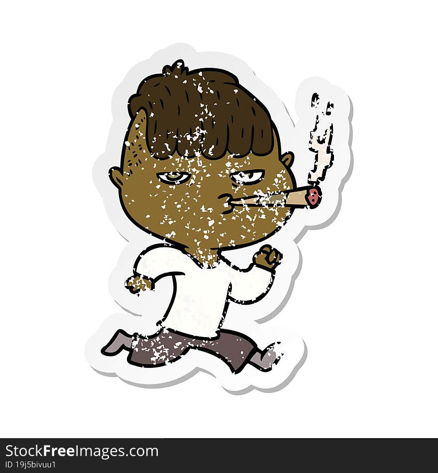 distressed sticker of a cartoon man smoking whilst running