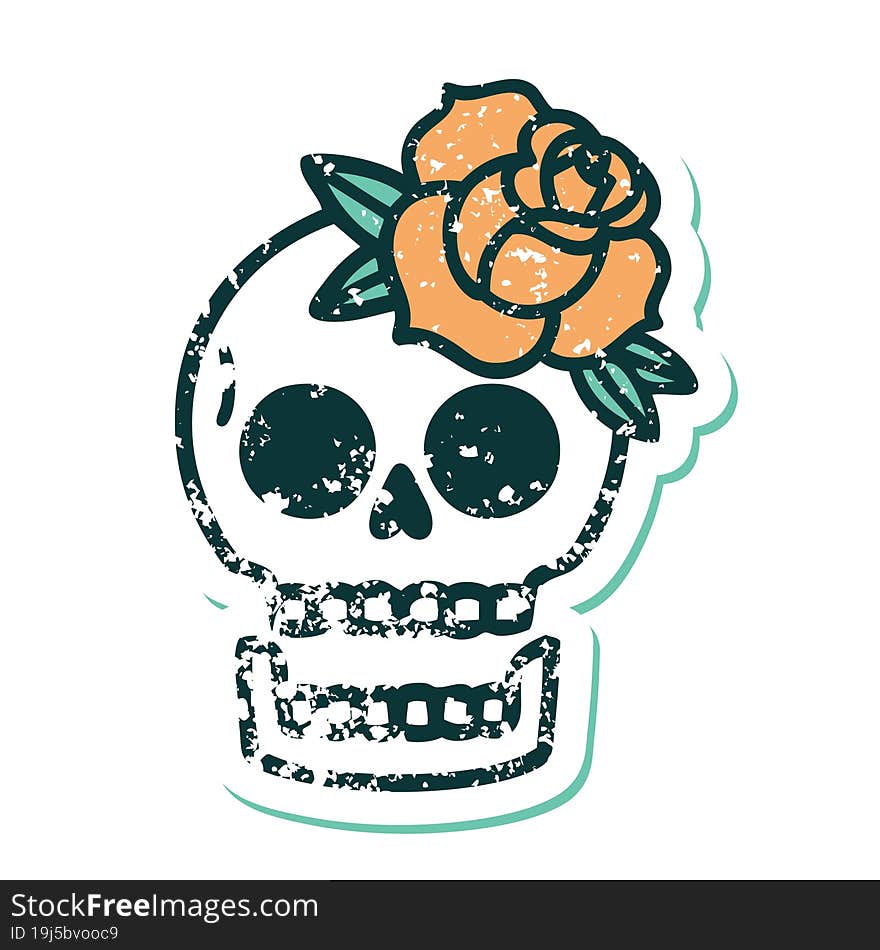 distressed sticker tattoo style icon of a skull and rose