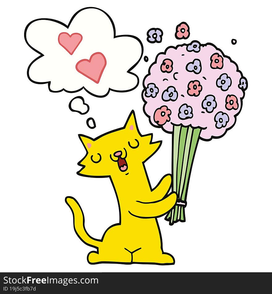 cartoon cat in love with flowers and thought bubble