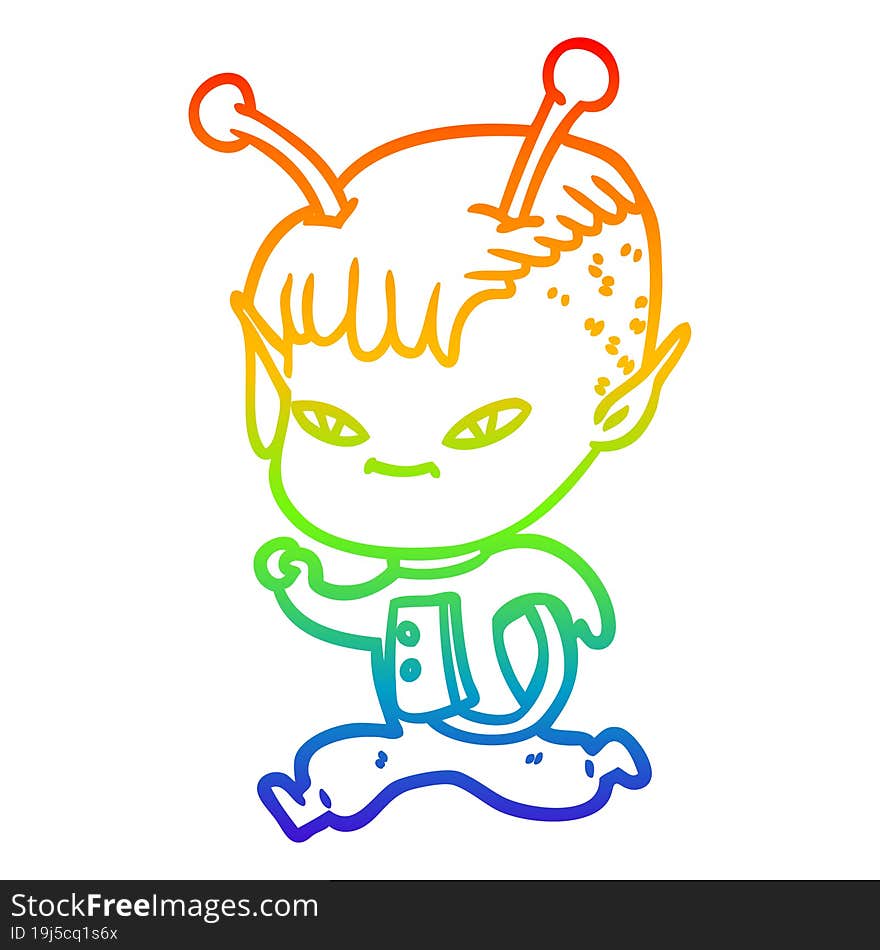 rainbow gradient line drawing of a cute cartoon alien girl