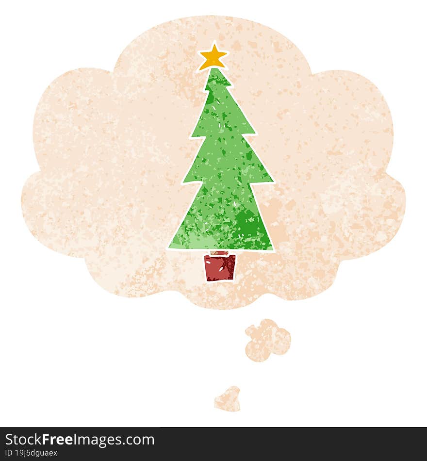 cartoon christmas tree and thought bubble in retro textured style