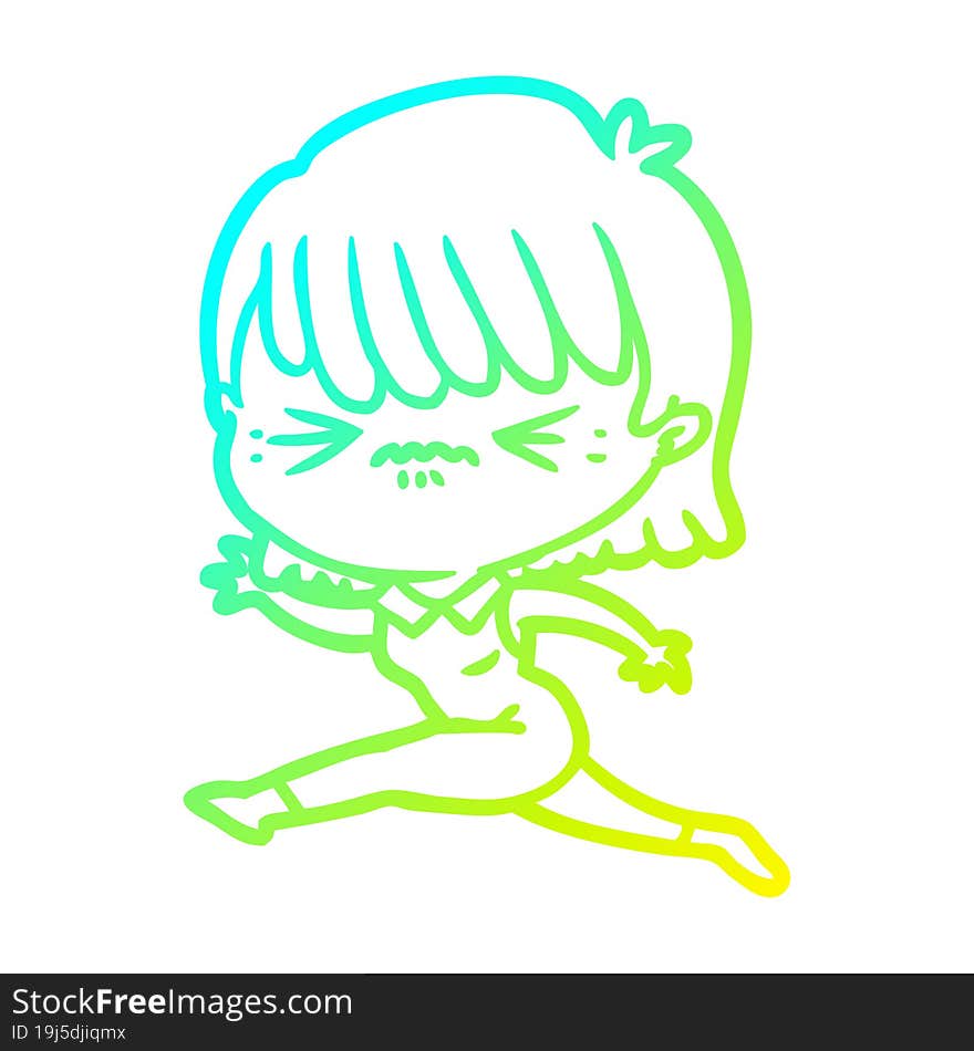 cold gradient line drawing of a cartoon woman jumping