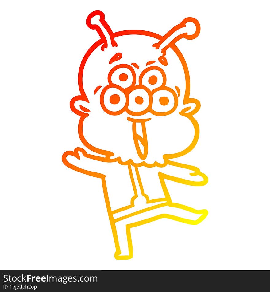 warm gradient line drawing of a happy cartoon alien dancing