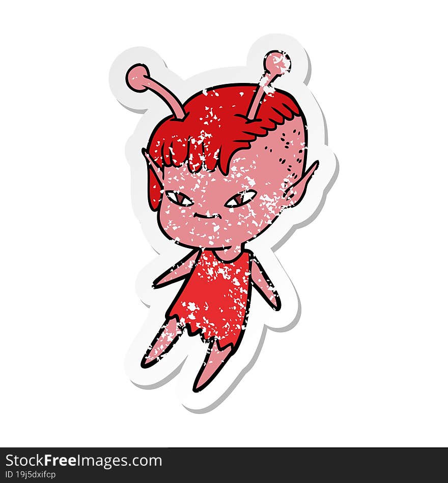 distressed sticker of a cute cartoon alien girl