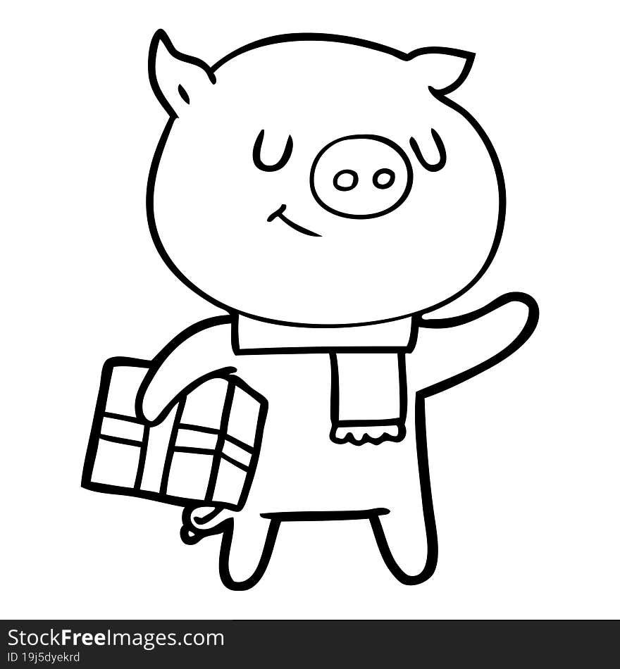 happy cartoon pig with christmas present. happy cartoon pig with christmas present