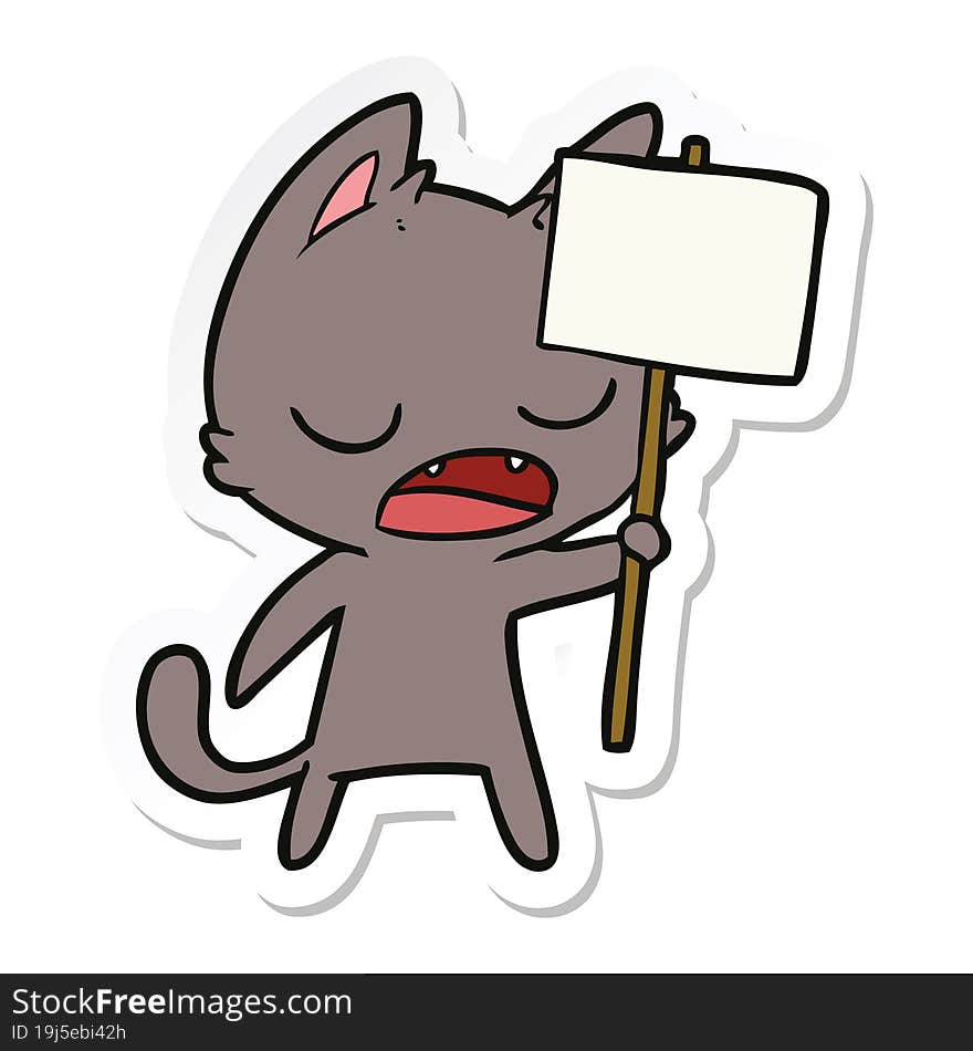 Sticker Of A Talking Cat Cartoon With Placard