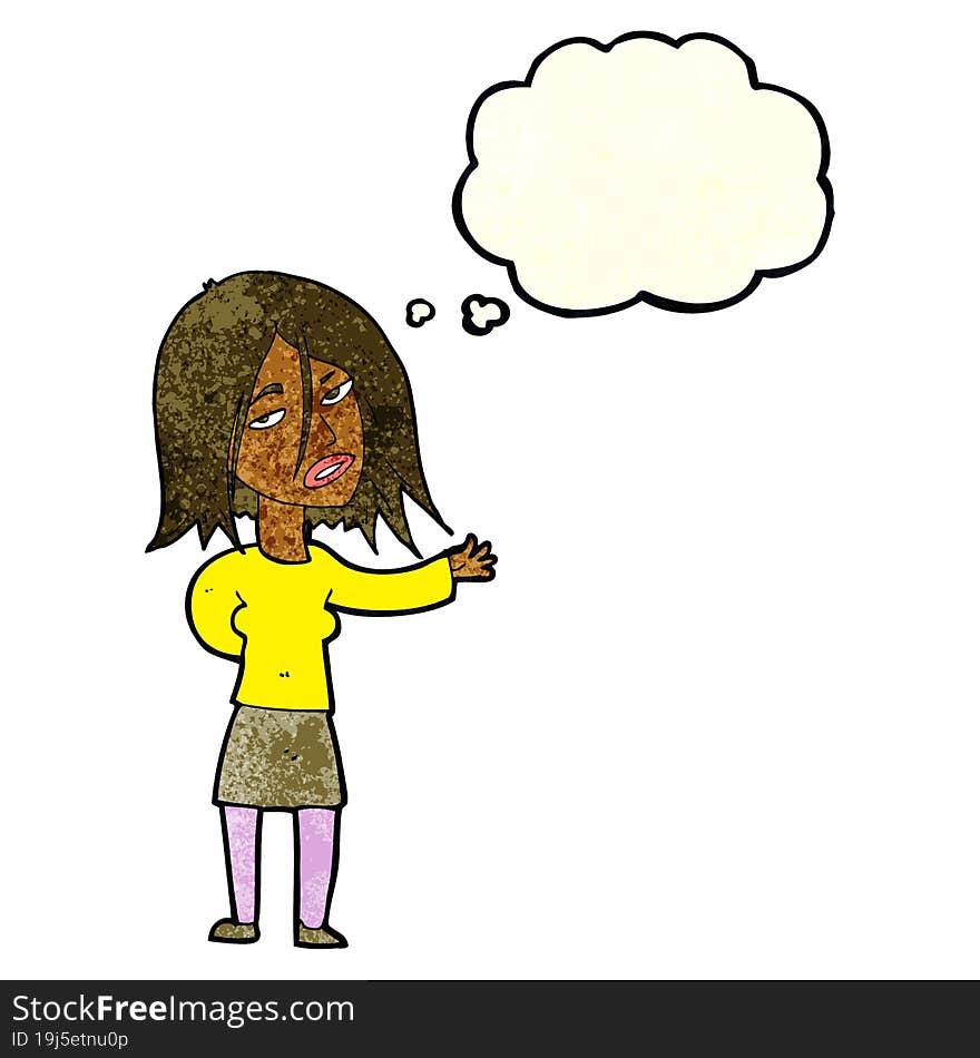 cartoon unhappy woman with thought bubble