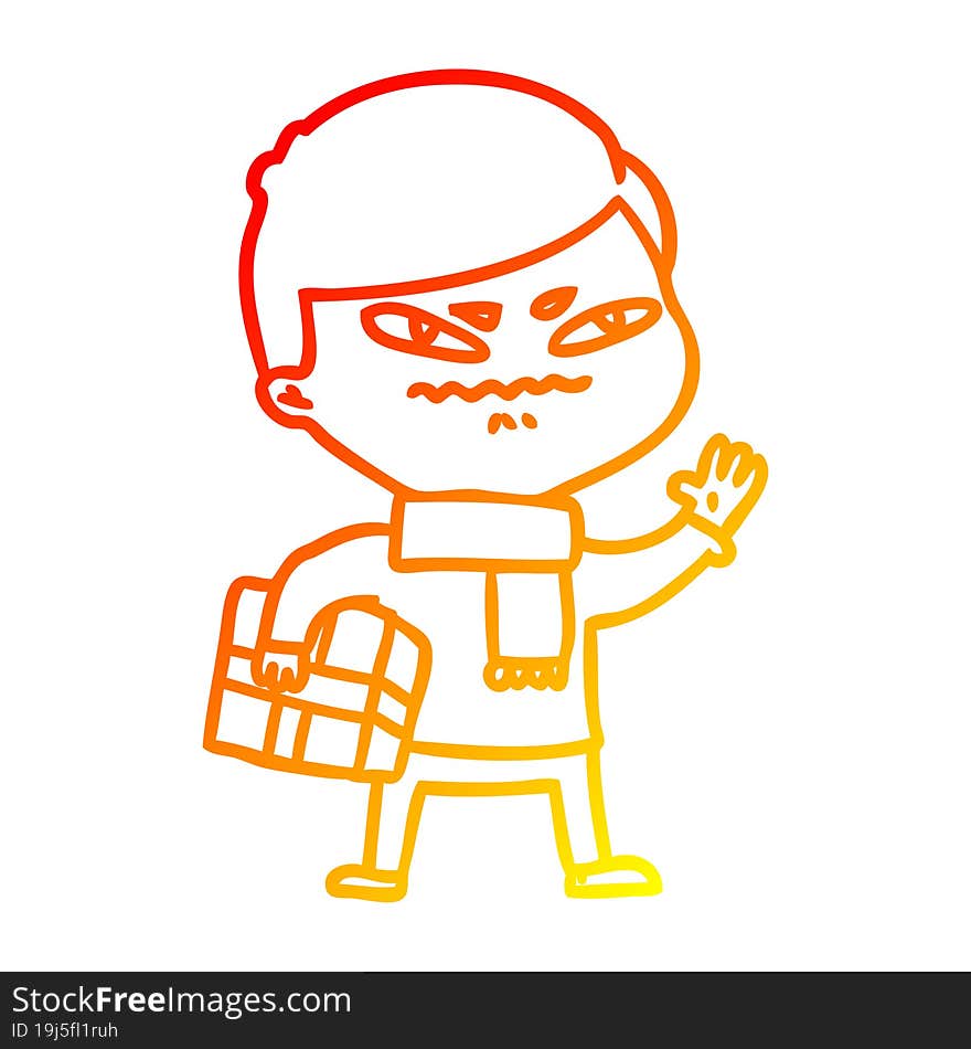 warm gradient line drawing cartoon angry man carrying parcel