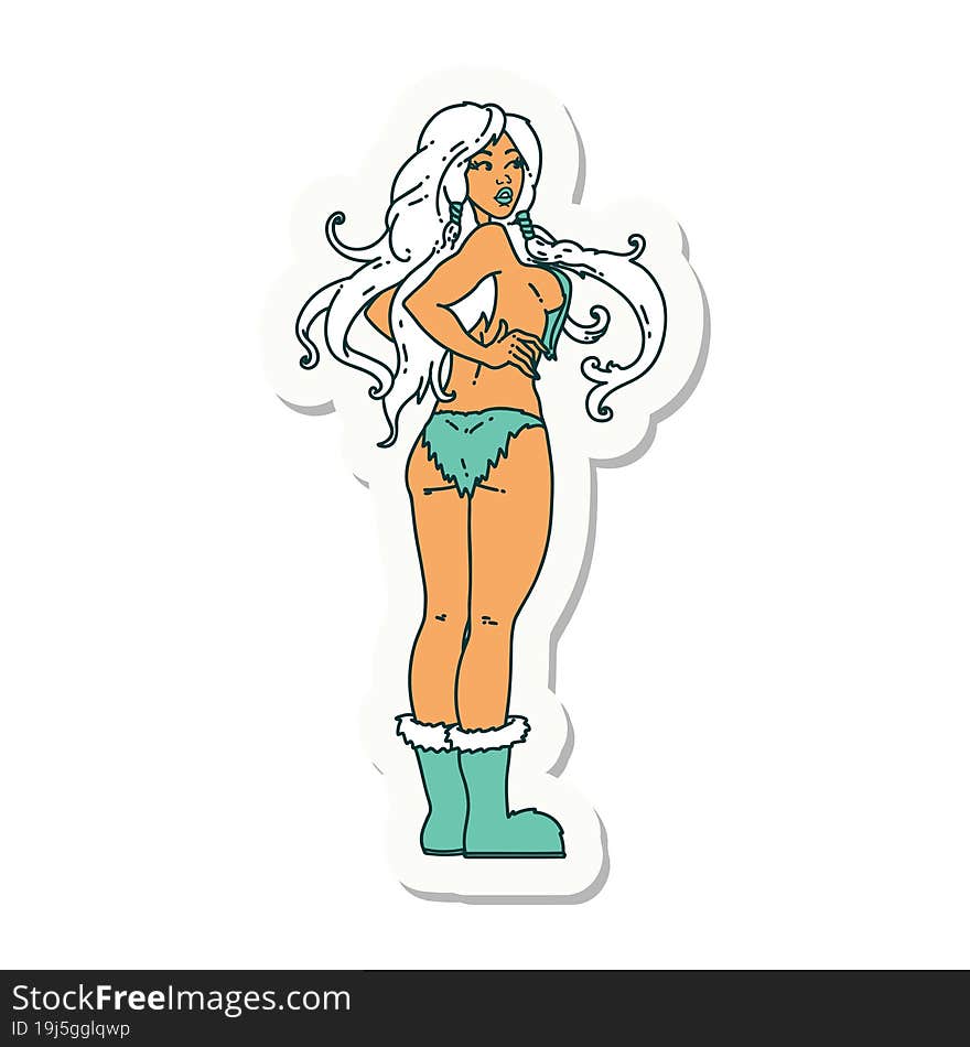 sticker of tattoo in traditional style of a pinup viking girl. sticker of tattoo in traditional style of a pinup viking girl