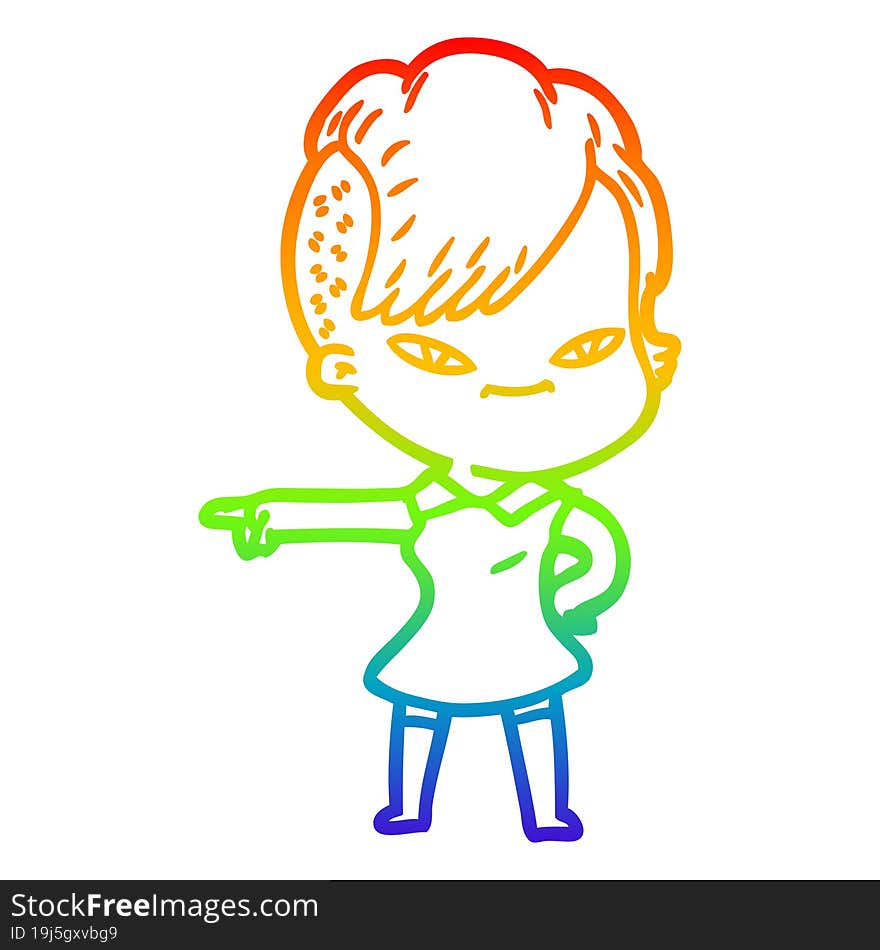 Rainbow Gradient Line Drawing Cute Cartoon Girl With Hipster Haircut