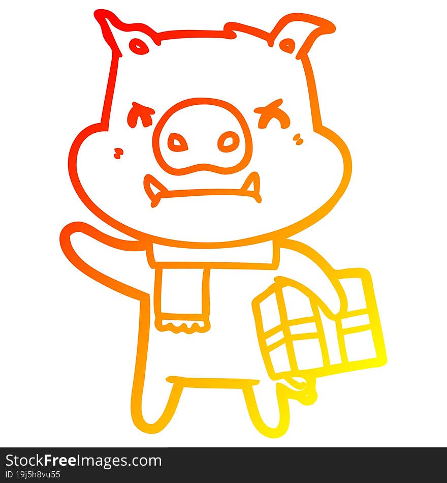 warm gradient line drawing of a angry cartoon pig with christmas gift