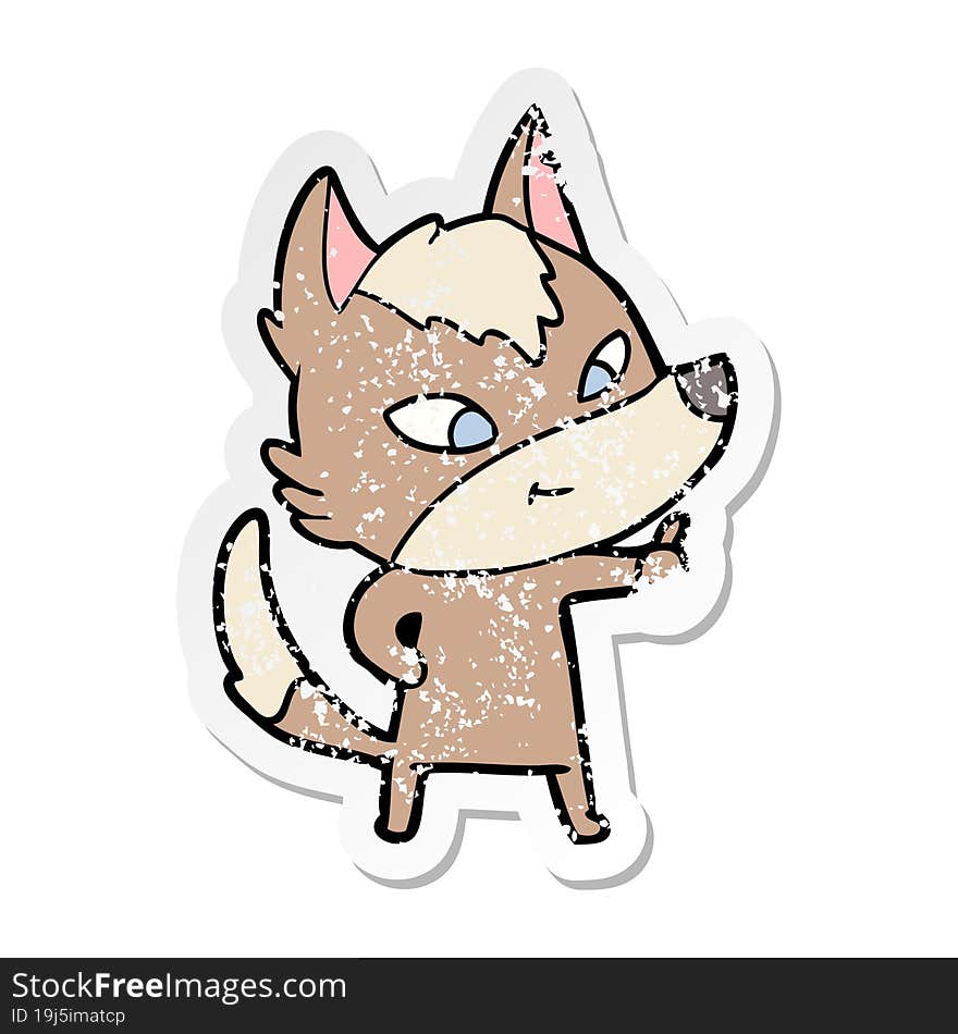 distressed sticker of a friendly cartoon wolf