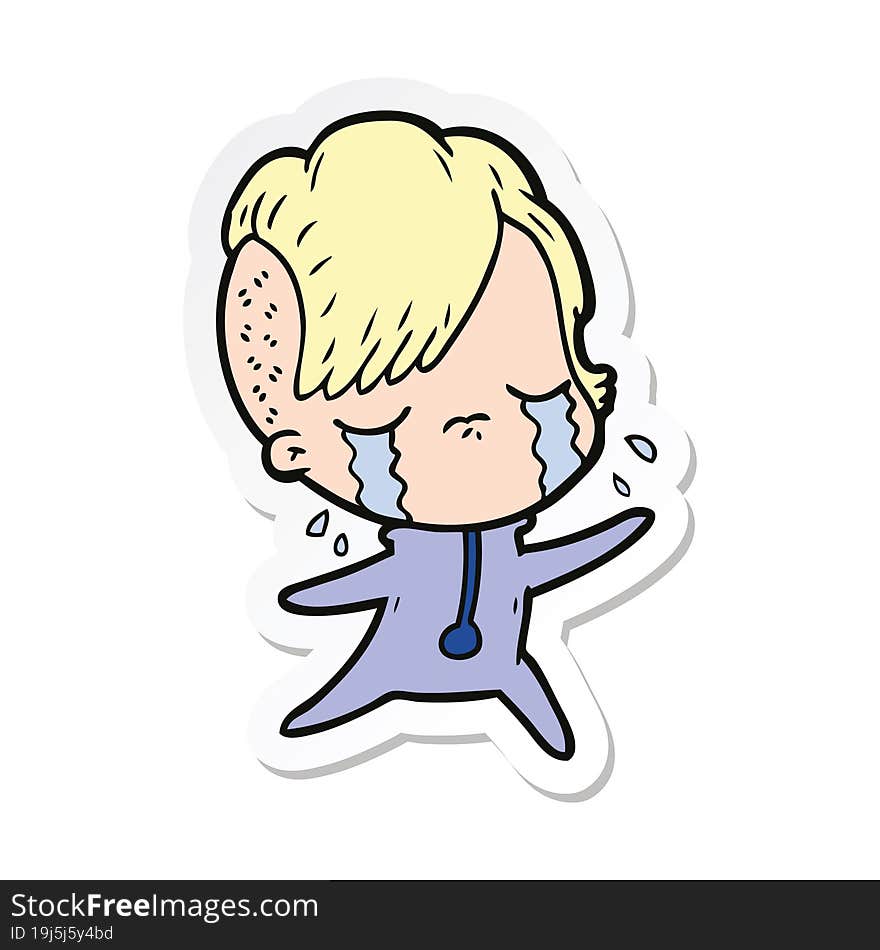 Sticker Of A Cartoon Crying Girl Wearing Space Clothes