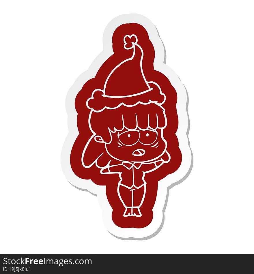 cartoon  sticker of a tired woman wearing santa hat