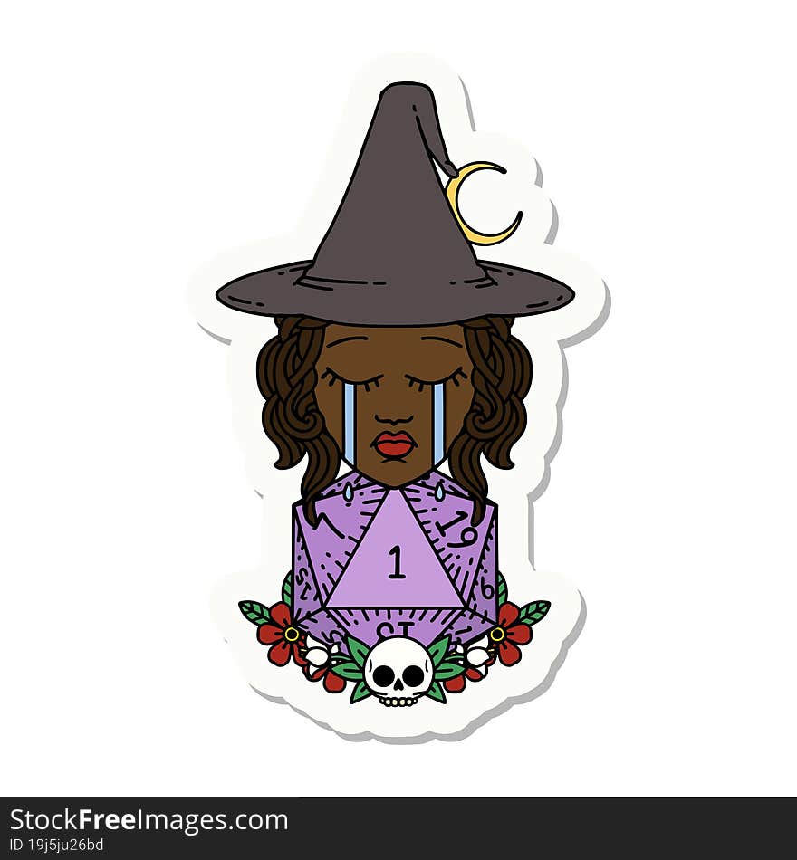 sticker of a crying human witch with natural one D20 dice roll. sticker of a crying human witch with natural one D20 dice roll