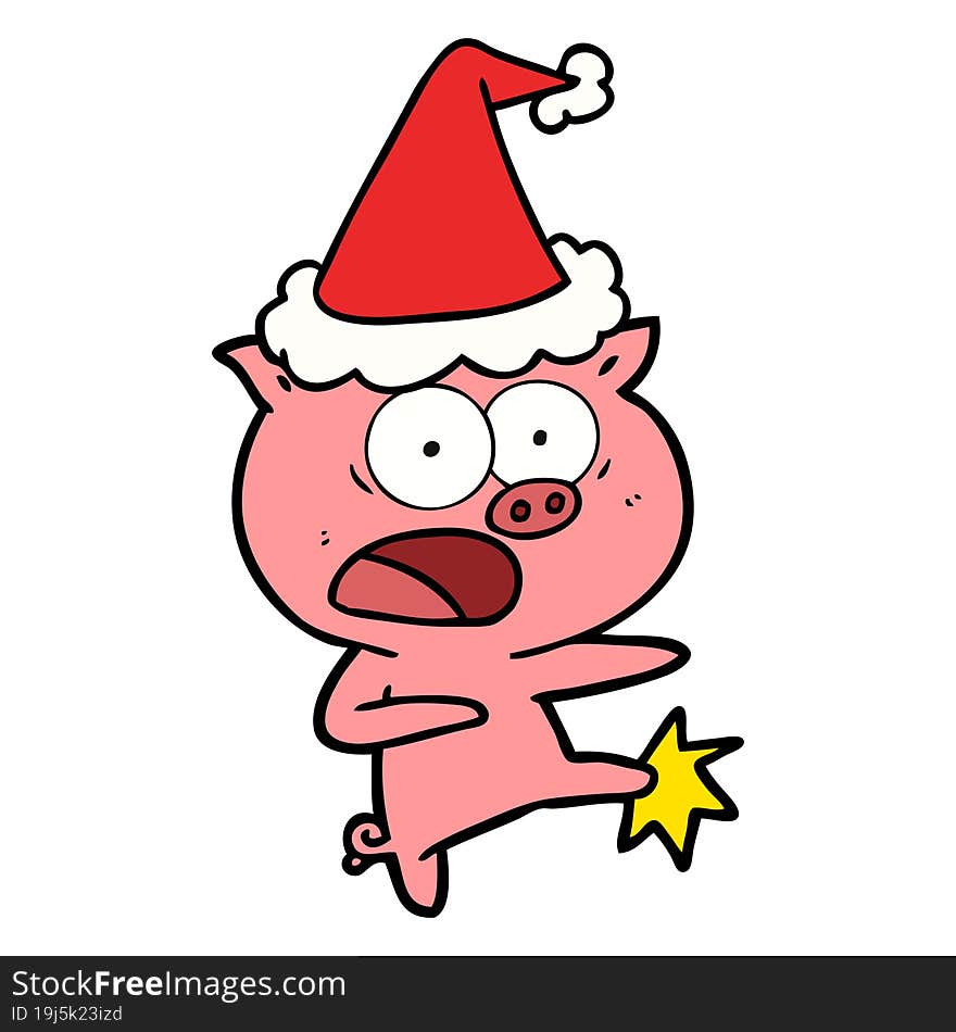 line drawing of a pig shouting and kicking wearing santa hat