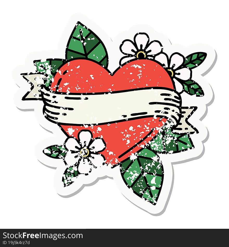 distressed sticker tattoo in traditional style of a heart and banner. distressed sticker tattoo in traditional style of a heart and banner