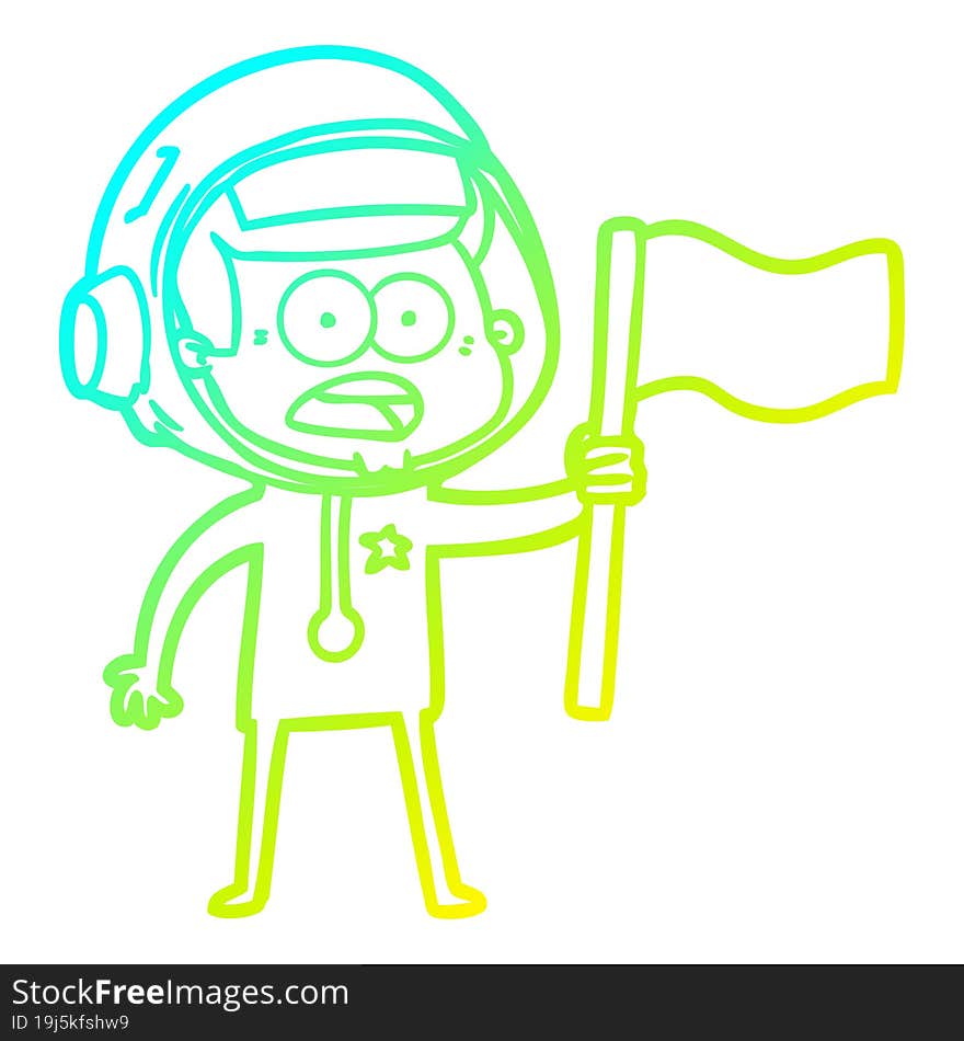 Cold Gradient Line Drawing Cartoon Surprised Astronaut Waving Flag