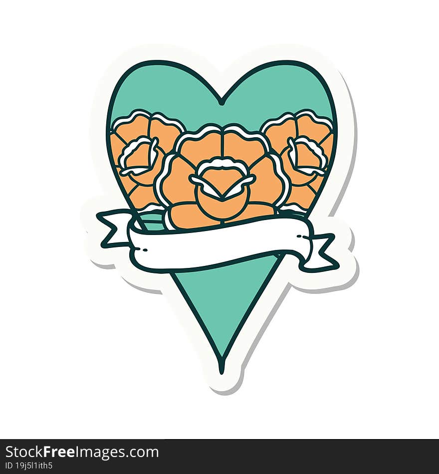 Tattoo Style Sticker Of A Heart And Banner With Flowers