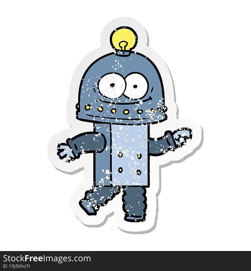 distressed sticker of a happy carton robot with light bulb