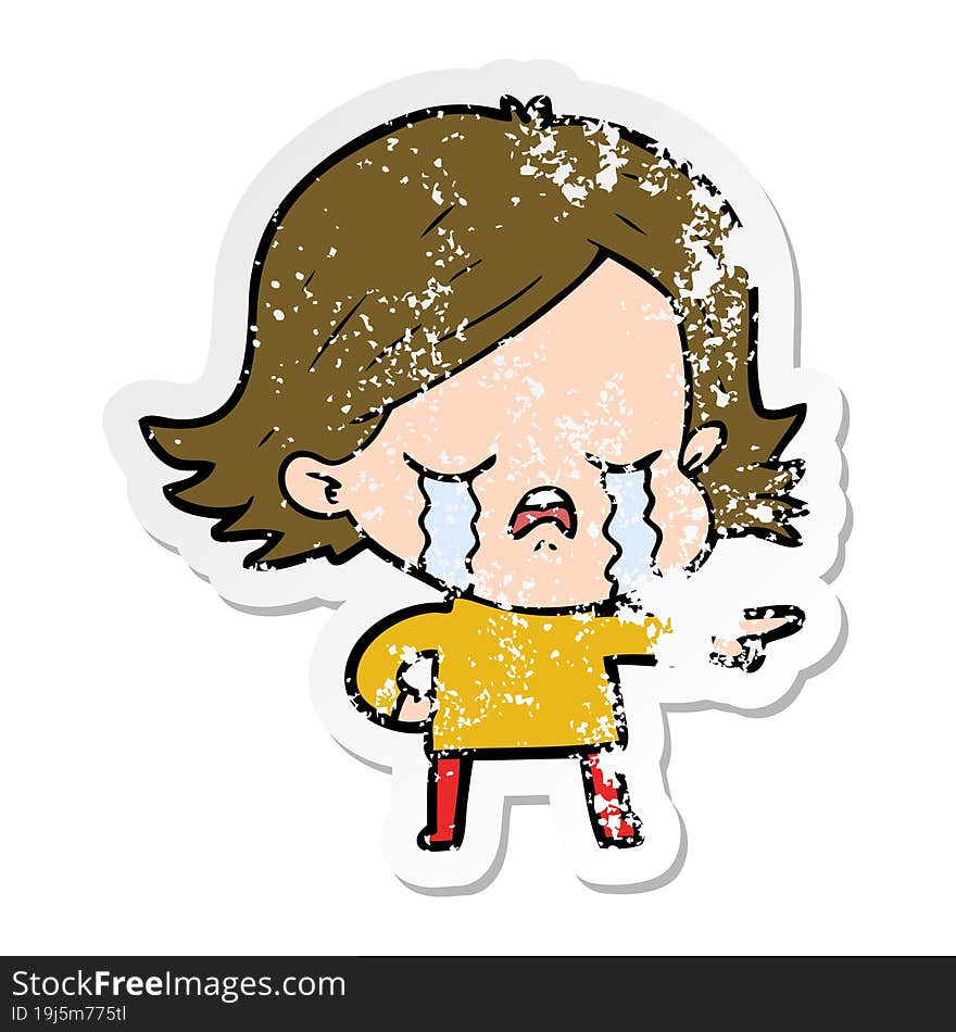 distressed sticker of a cartoon girl crying and pointing