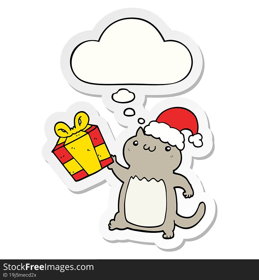 cute cartoon christmas cat and thought bubble as a printed sticker