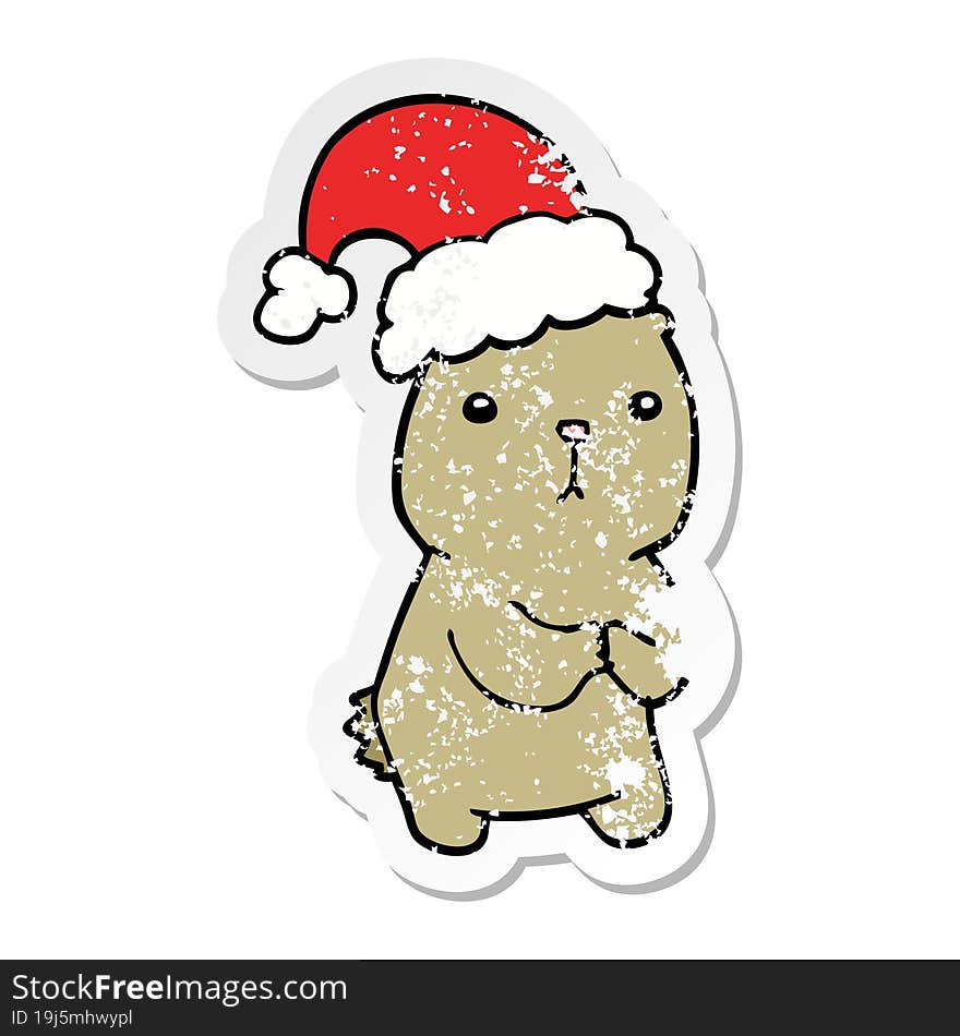 Distressed Sticker Of A Cartoon Christmas Bear Worrying