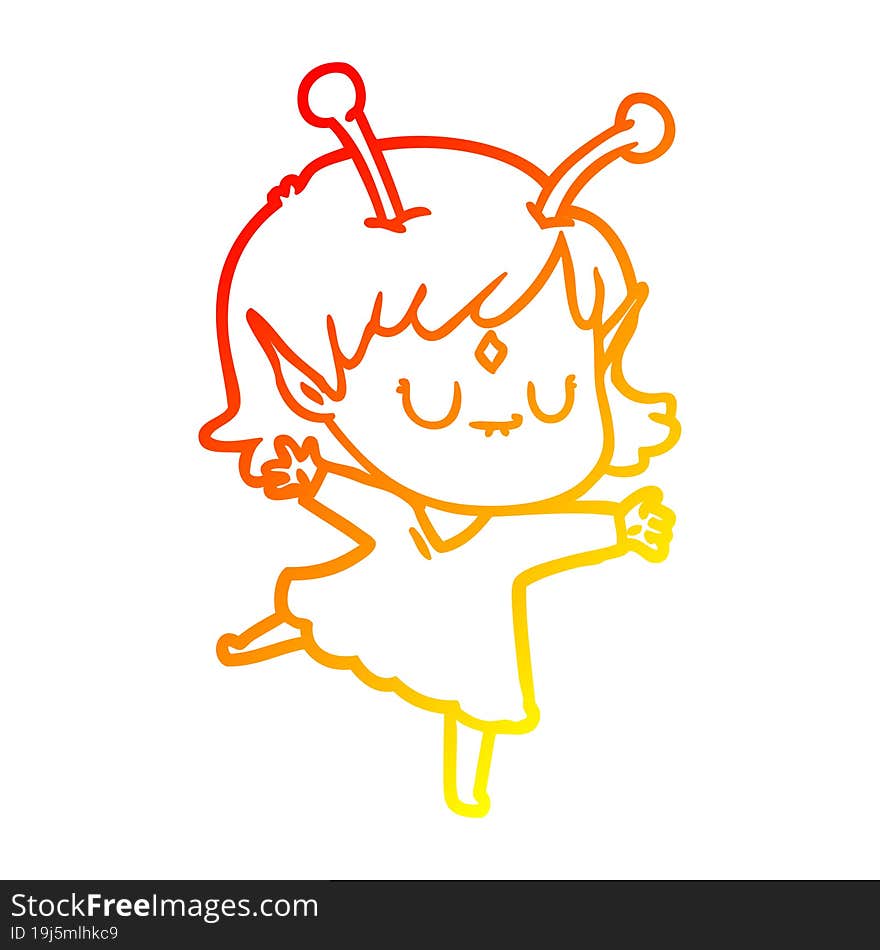 warm gradient line drawing of a cartoon alien girl