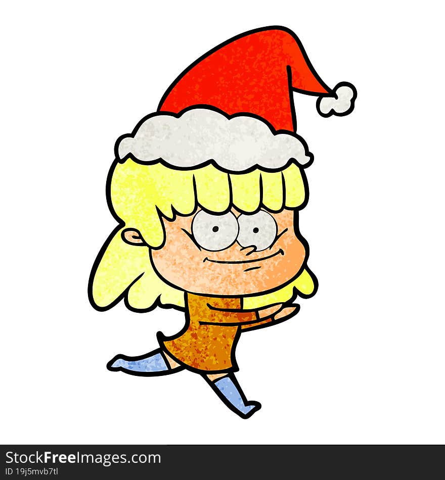 textured cartoon of a smiling woman wearing santa hat