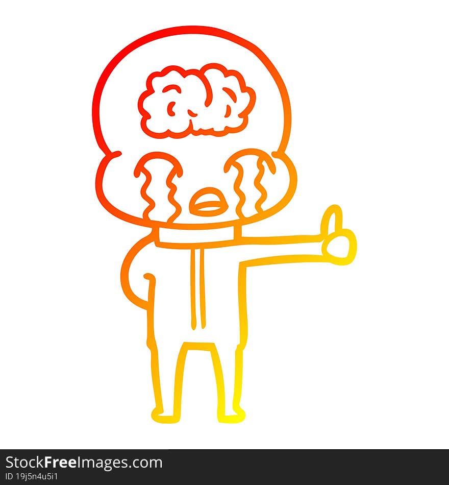 warm gradient line drawing of a cartoon big brain alien crying but giving thumbs up symbol