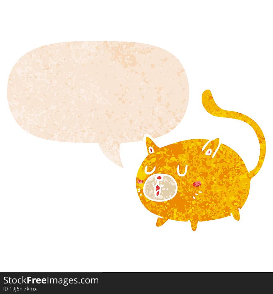 cartoon happy cat and speech bubble in retro textured style