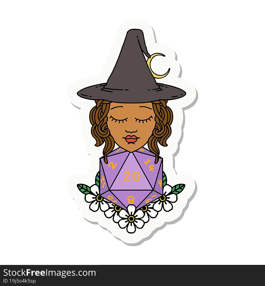 human witch with natural twenty dice roll sticker