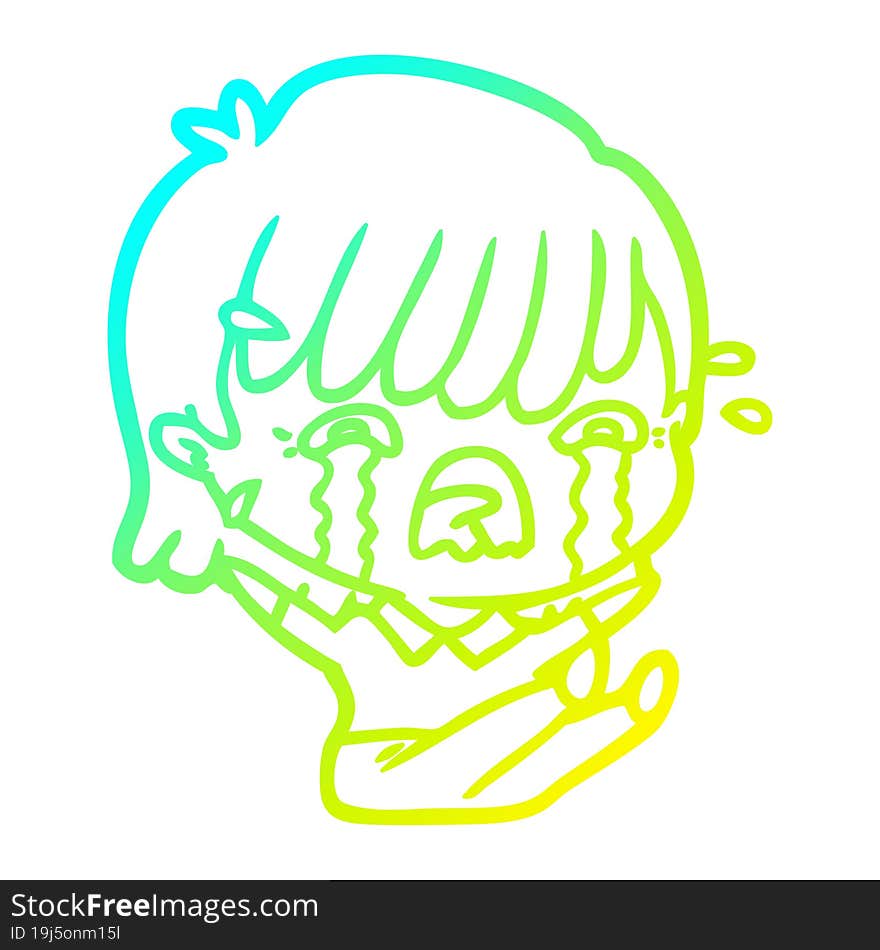 cold gradient line drawing of a cartoon girl crying