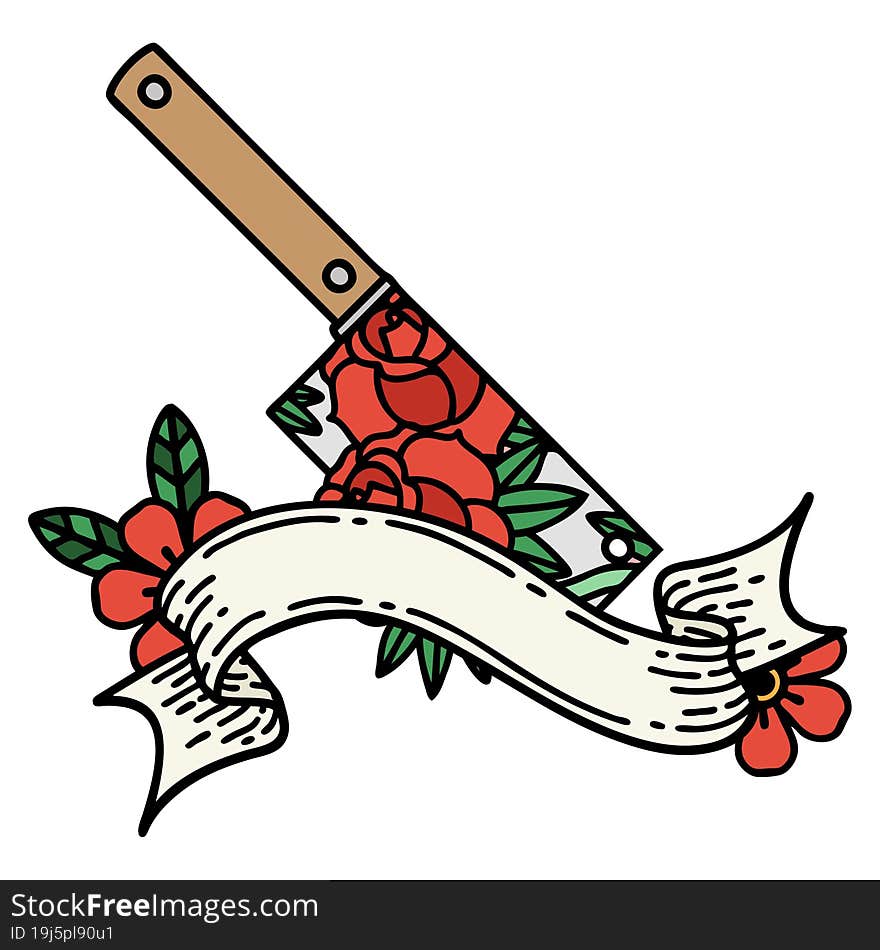 tattoo with banner of a cleaver and flowers