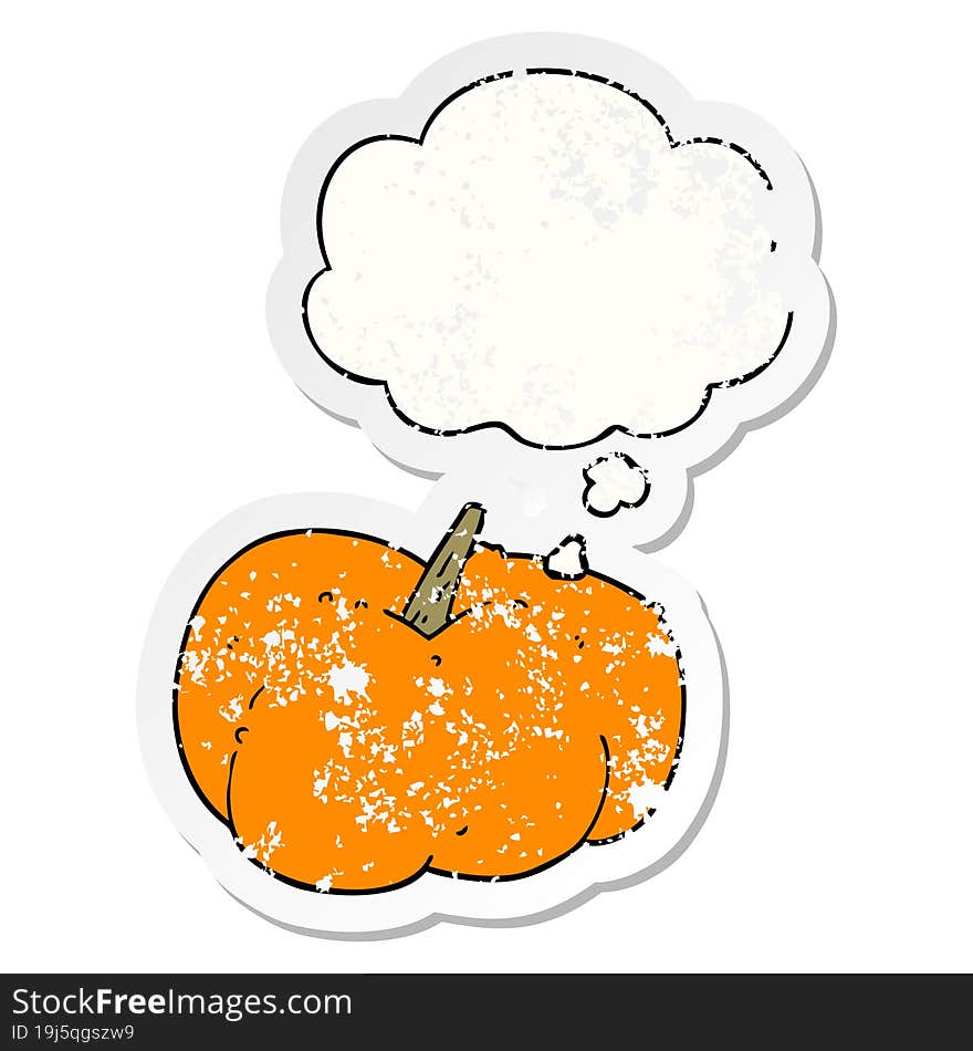 cartoon pumpkin squash and thought bubble as a distressed worn sticker