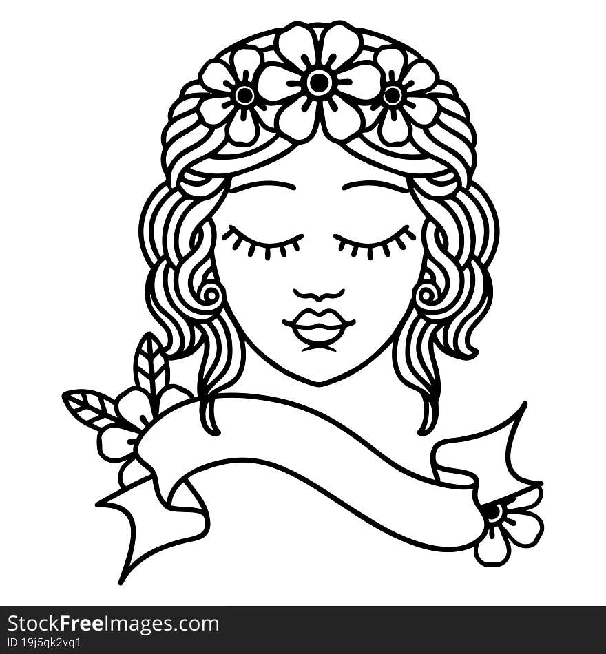 black linework tattoo with banner of a maidens face