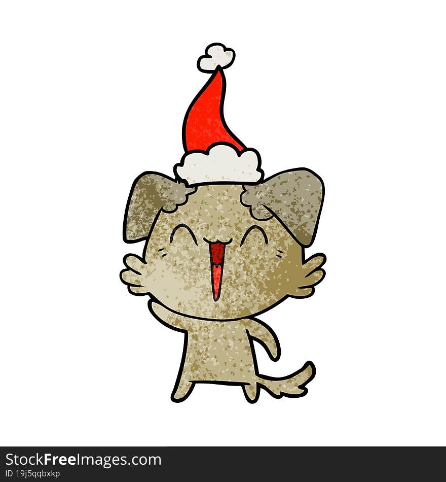 waving little dog textured cartoon of a wearing santa hat