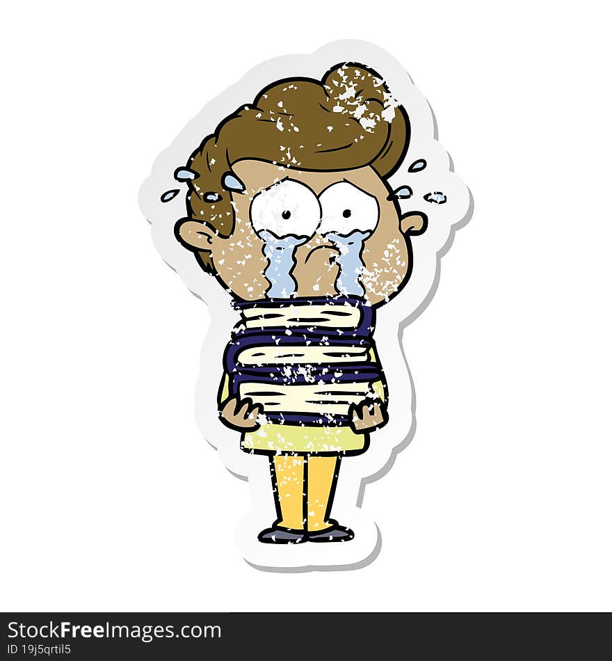 Distressed Sticker Of A Cartoon Crying Student With Stack Of Books