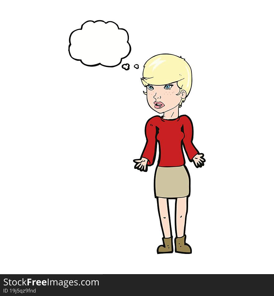 cartoon confused woman with thought bubble