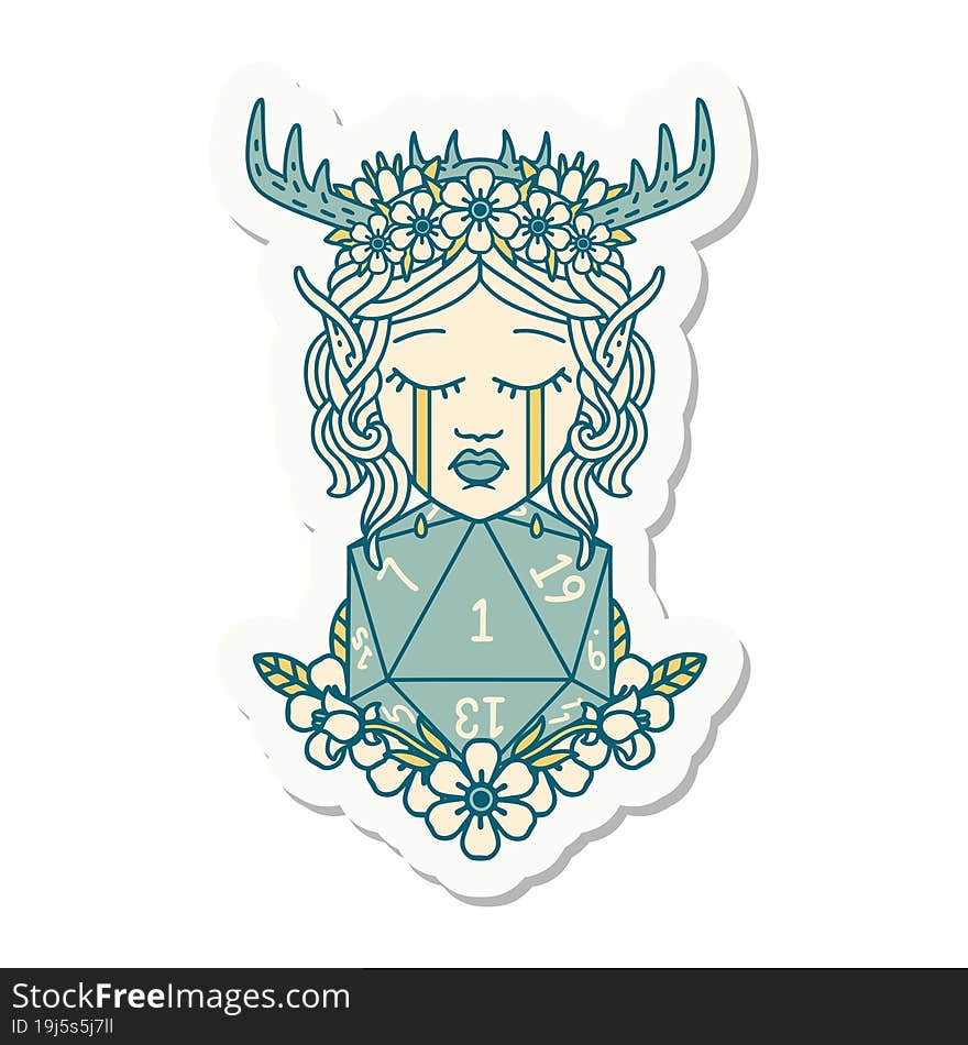 crying elf druid character face with natural one D20 roll sticker