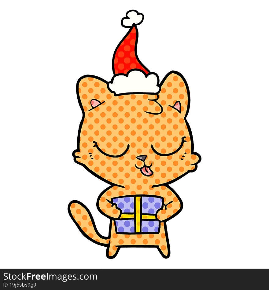 Cute Comic Book Style Illustration Of A Cat Wearing Santa Hat