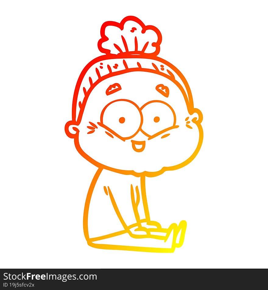 warm gradient line drawing of a cartoon happy old woman