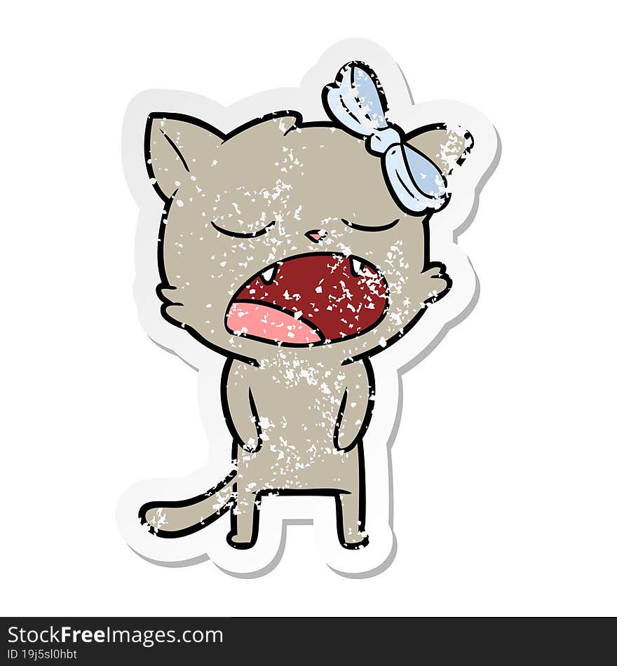 Distressed Sticker Of A Cartoon Cat Meowing